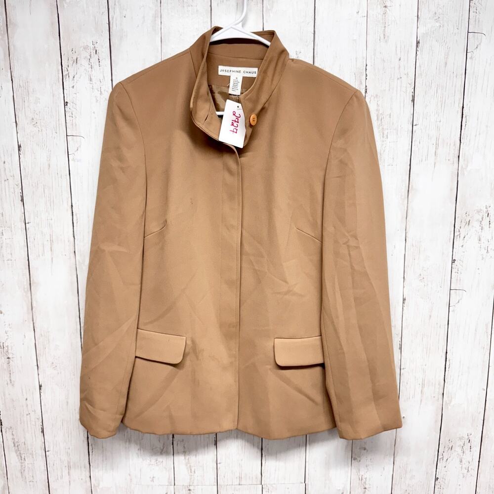 Josephine Chaus Jacket Women Size 10 Tan Mock Neck Button Collar Pocket Casual